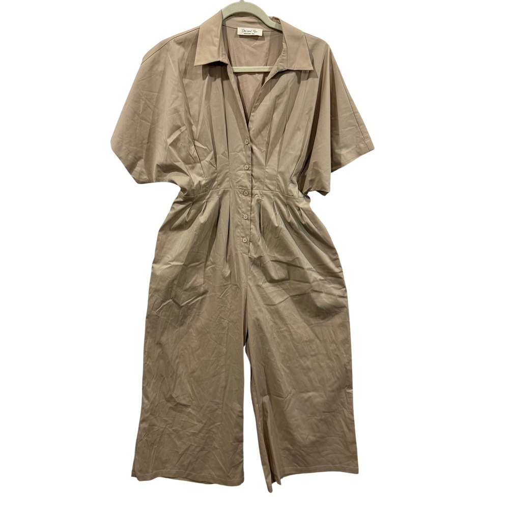 Doe and Rae Khaki Tan Short Sleeve Wide Leg Button Front Jumpsuit Small WT6861CQ